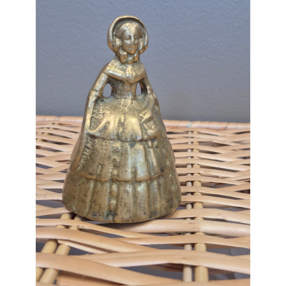 Vintage Solid Brass Lady Bell Victorian Woman in Tiered Dress Figurine Hand Bell